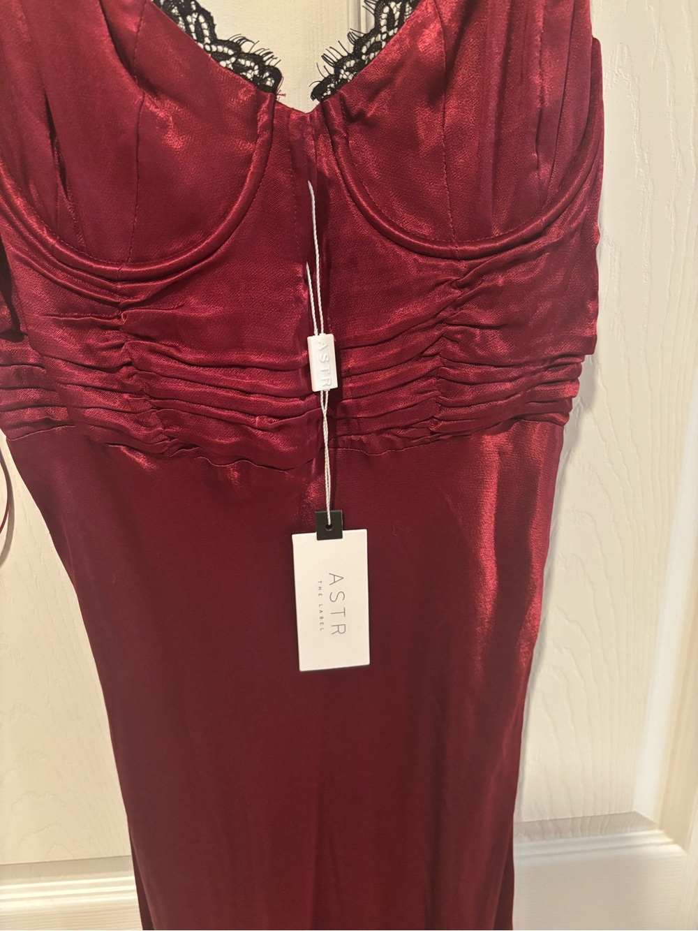 Astr Satin Burgundy Lace-Trim Slip Dress